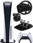 کنسول بازی سونی مدل PlayStation 5 Standard به‌همراه فرمان بازی لاجیتک مدل G923 و جعبه دنده لاجیتک مناسب برای PS5